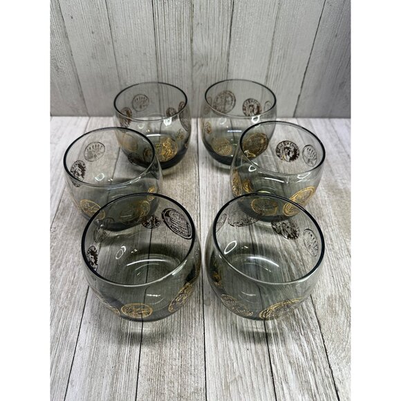 Vintage MCM Federal Roly Poly ROMA Gold Coin Glass Set 6 Mad Men Smokey Barware - Picture 2 of 9